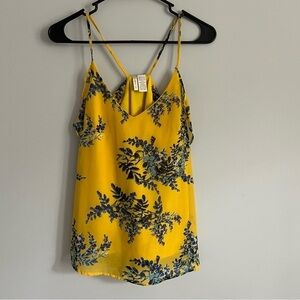 Japna Yellow Blue Floral Tank Top Small | Spaghetti Strap Racerback Ruffle